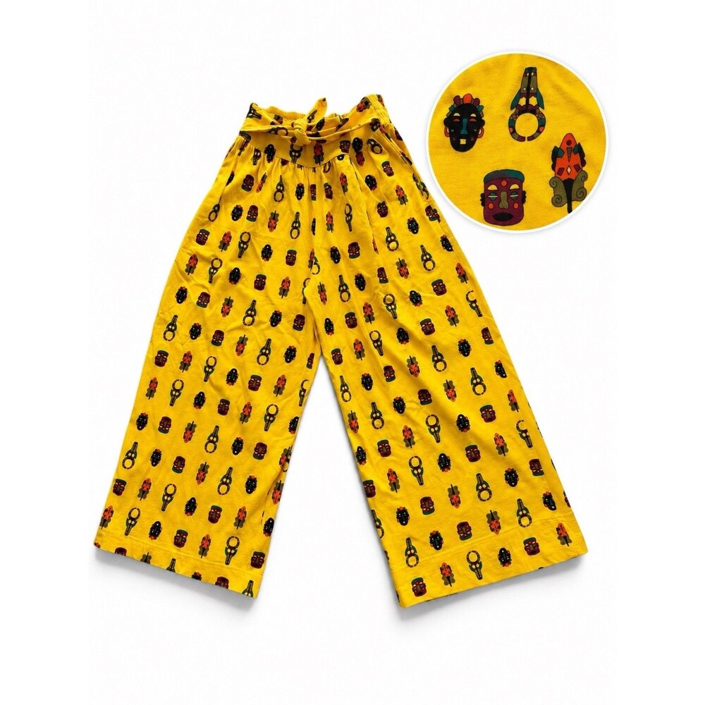 Vintage Lisa Nichols Rare Pants Yellow Tribal Totem Mask Print Wide Leg Size 3 L